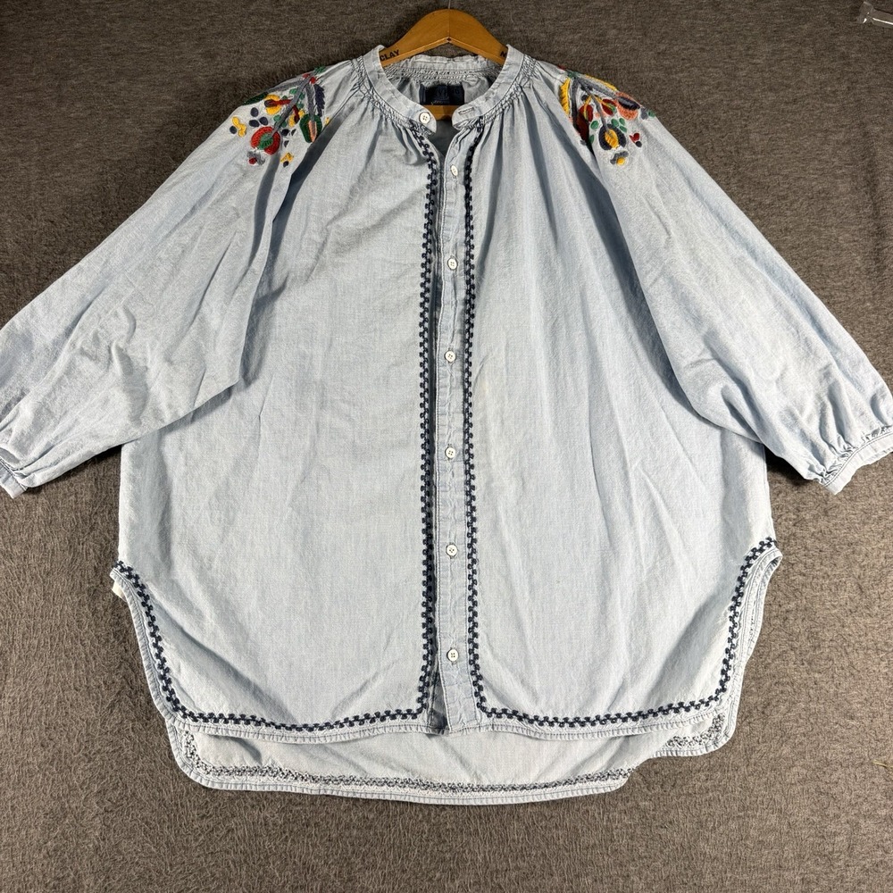 Women's Lucky Brand Denim Peasant Embroidered Button Up Top Size M Oversized